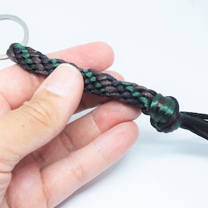 Kumihimo keychain, brown green and black keychain, braided keychain, mouse tail keychain, tricolor keychain, large knot keychain, Japanese keychain