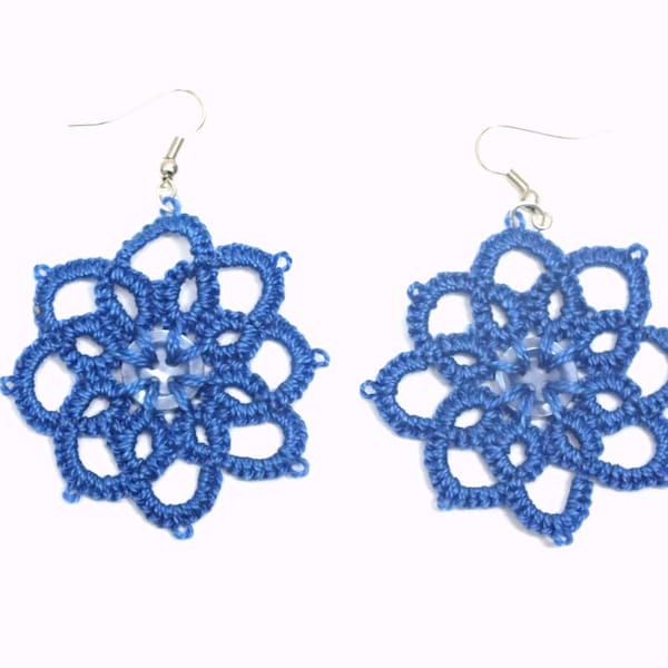 Blue flower tatted earrings, 8 petals flowers tatted lace earrings, blue ocean flower tatting earrings, royal blue lace earrings,