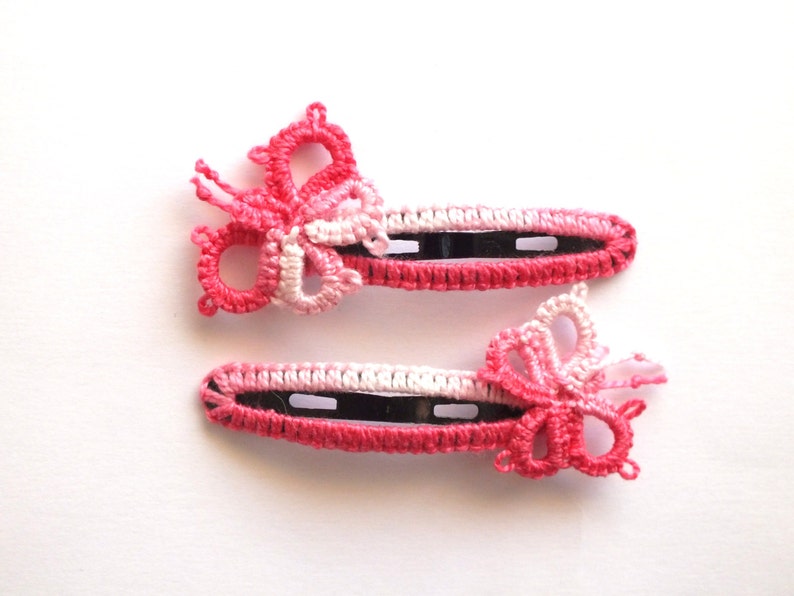 Set of Two Butterflies Tatted Girl Hair Clips, Pink Tatting Butterflies Hair Clips, Baby Tatted