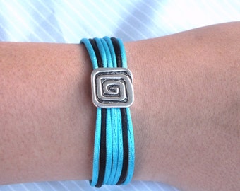 Turquoise Rattail Bracelet, Blue Bracelet with Slider Charm, Turquoise Satin Cord Bracelet , Silk Cord Bracelet, Square Spiral Bracelet