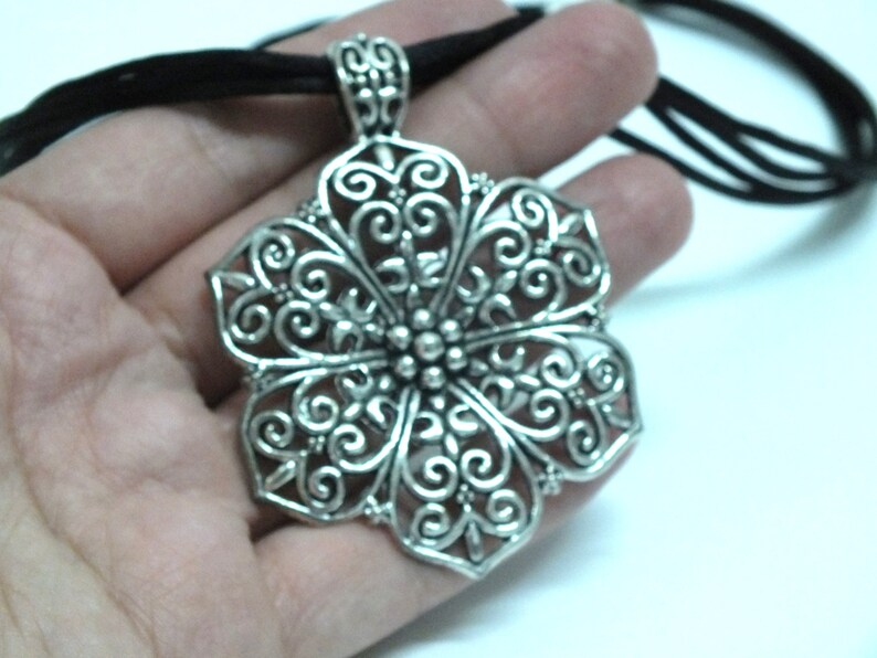 Flower Necklace Black Silk Necklace Filigree Flower Choker Rat Tail Necklace Filigree Pendant Silk Floral Necklace Ethnic Silk Necklace