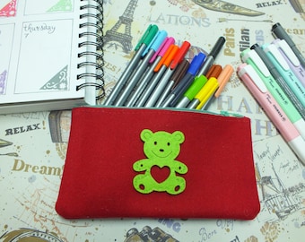 Red pencil case, Red Felt purse, Red Cosmetic Fabric Bag,Planner Pouch,toilet bag with bear, Red Zipper pouch, cosmetic purse, Sanitary bag.