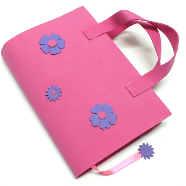 Funda libro foam rosa, funda libro goma eva, portalibro con asas, funda libro flores, regalo niños, protege libro fucsia, cubierta libro peq