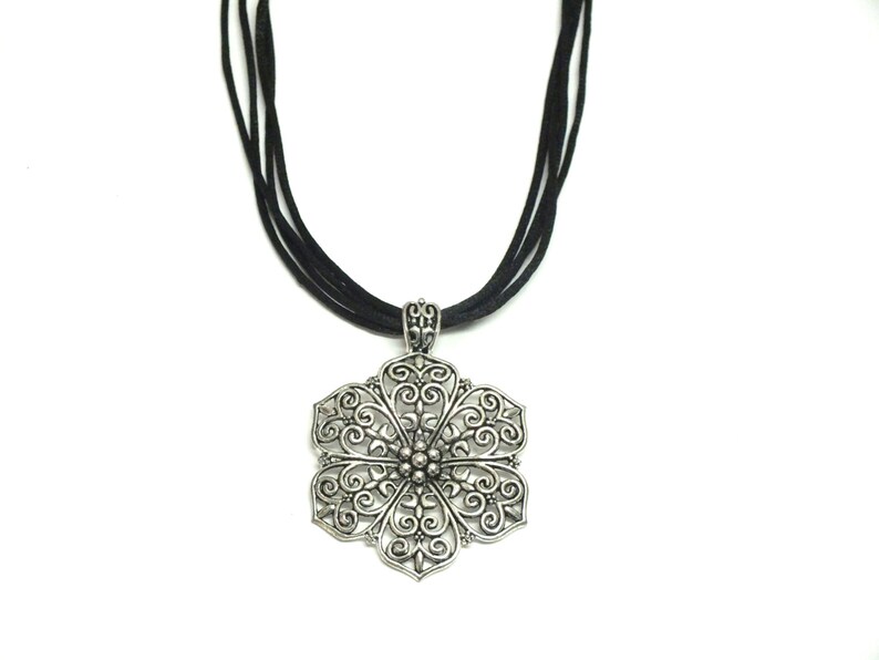 Flower Necklace Black Silk Necklace Filigree Flower Choker Rat Tail Necklace Filigree Pendant Silk Floral Necklace Ethnic Silk Necklace