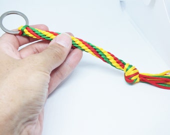 Kumihimo keychain, flag keychain, red green yellow keychain, braided keychain, mouse tail keychain, tricolor keychain, large knot keychain