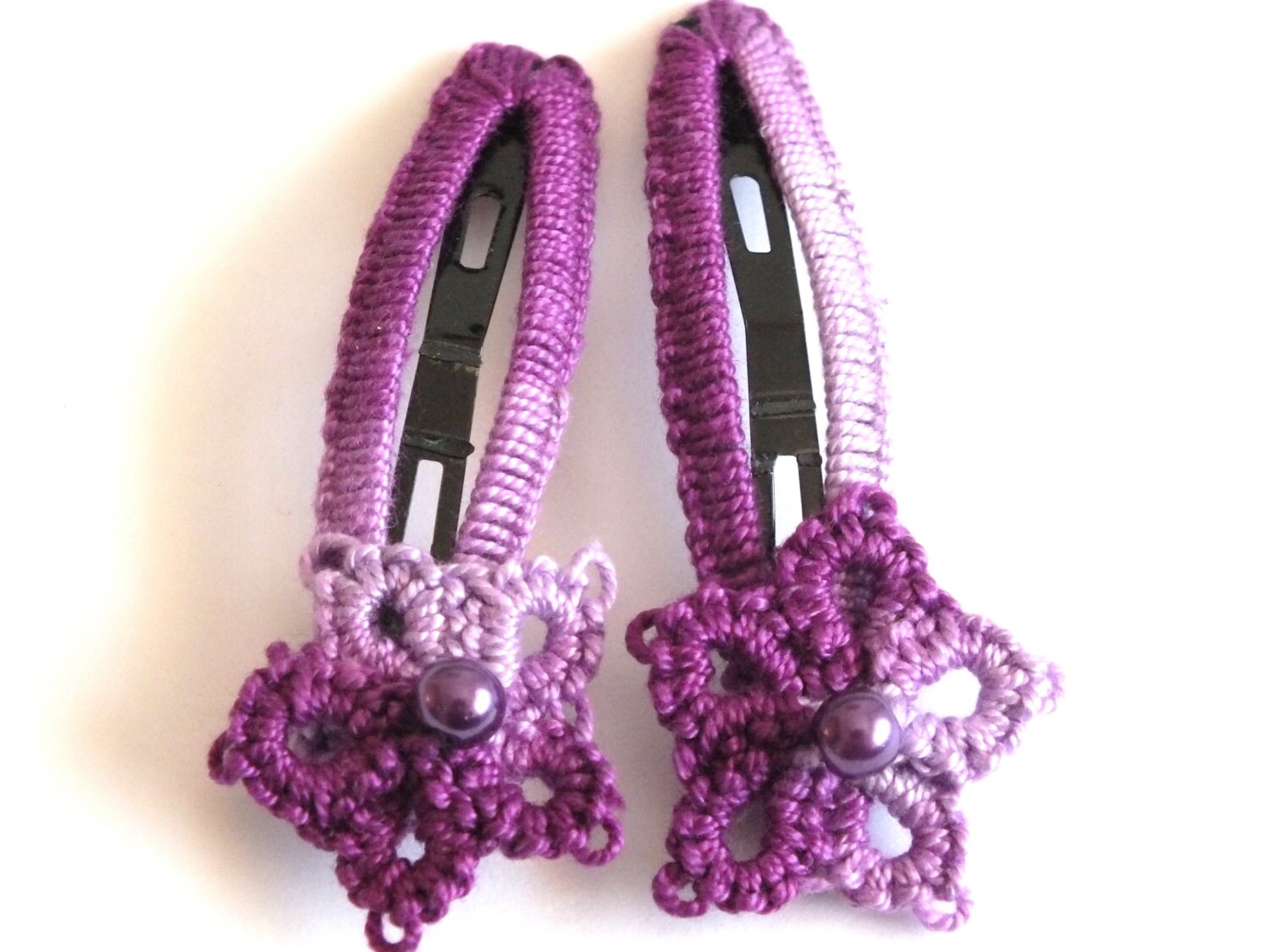 Purple Tatted Hair Clips, Purple Tatting Hair Clips, Purple Flower Lace
