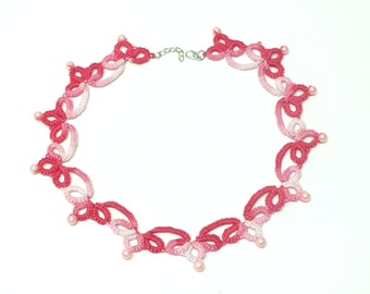 Pink Tatted Lace Necklace, Pink Tatted Lace Chocker, Pink Tatting Necklace with Pearls, Tie Dye Pink Tatting Lace Necklace, Tatting Lace