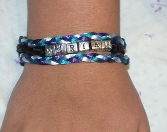 Personalized Name Bracelet, Silk Cord Bracelet with Name, Blue and Black Named Bracelet, Friendship  Blue Purple and Black Braided Bracelet