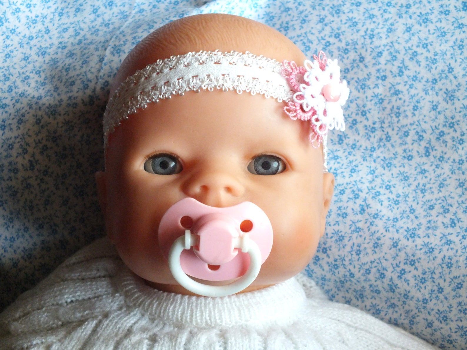 Baby Flower Headband, Newborn Headband, White Pink Lace Headband