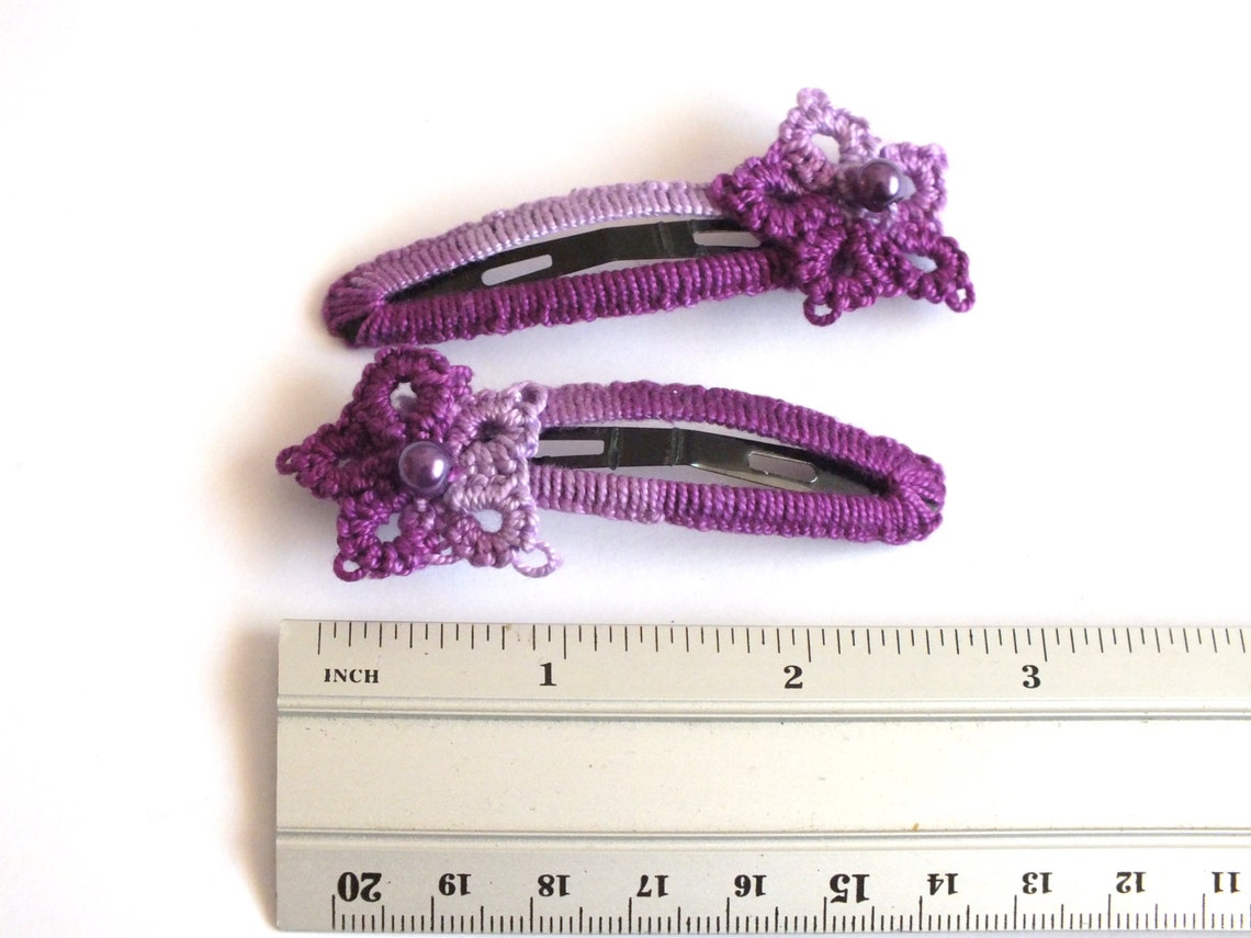 Purple Tatted Hair Clips, Purple Tatting Hair Clips, Purple Flower Lace