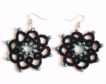 Black Flower Tatted Earrings with Teal Pearls, 8 Petals Flower Tatted Lace Earrings, Black Flower Tatting Earrings, Black Blue Lace Earrings