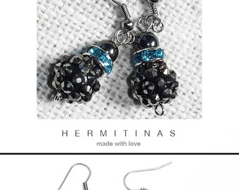 Blue and black hematite and rhinestone earrings, rhinestone earrings with blue spacers, black and blue rhinestone earrings, hematite earring