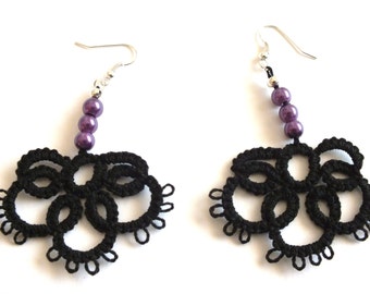 Black Tatted Earrings with Purple Pearls, Half Flower Tatted Lace Earrings, Black Flower Tatting Earrings, Lace Earrings with Purple Pearls