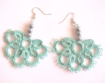 Mint Pearl Earrings Aqua Green Bridal Earrings Flower Lace Earrings Mint Tatted Lace Earrings with Grey Pearls Tatting Green Earrings Gift.