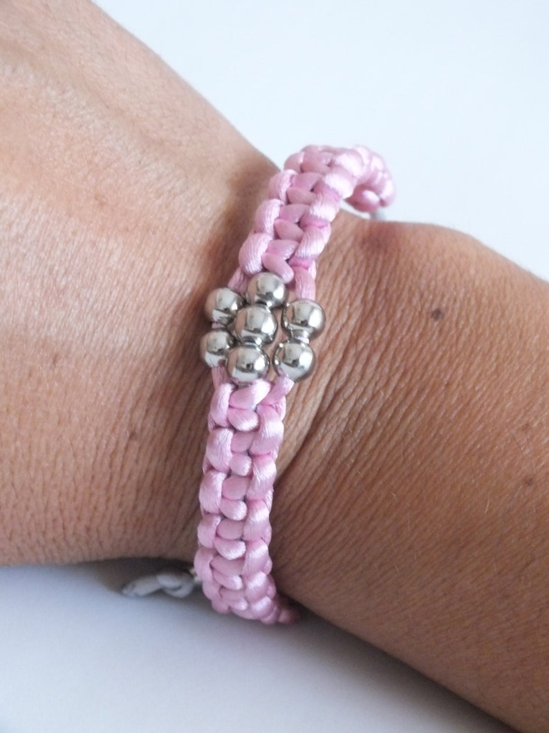 Satin Cord Pink Bracelet With Knots and Metal Beads, Macrame Pink Satin