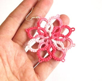 Tie Dye  Pink Flower Tatting Earrings, Pink Flower Tatted Earrings, 8 Petals Flowers Tatted Lace Earrings, Pink lLace Earrings with Button