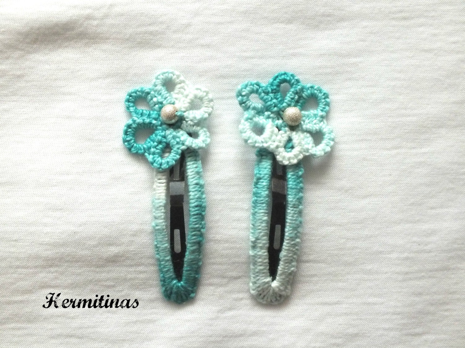 Set Of Two Flower Tatted Hair Clips Aqua Green Tatting Hair Etsy