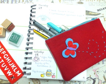 Red felt purse with butterfly, Red fabric purse, red felt pouch with butterfly, Butterfly  felt pouch, Red felt zipper pouch, Pencil case