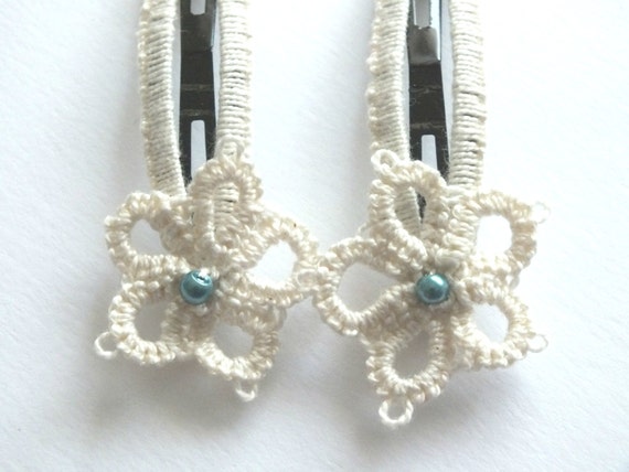 Ivory Tatting Hair Clips, Flower Tatted Hair Clips,bridal  display picture 1