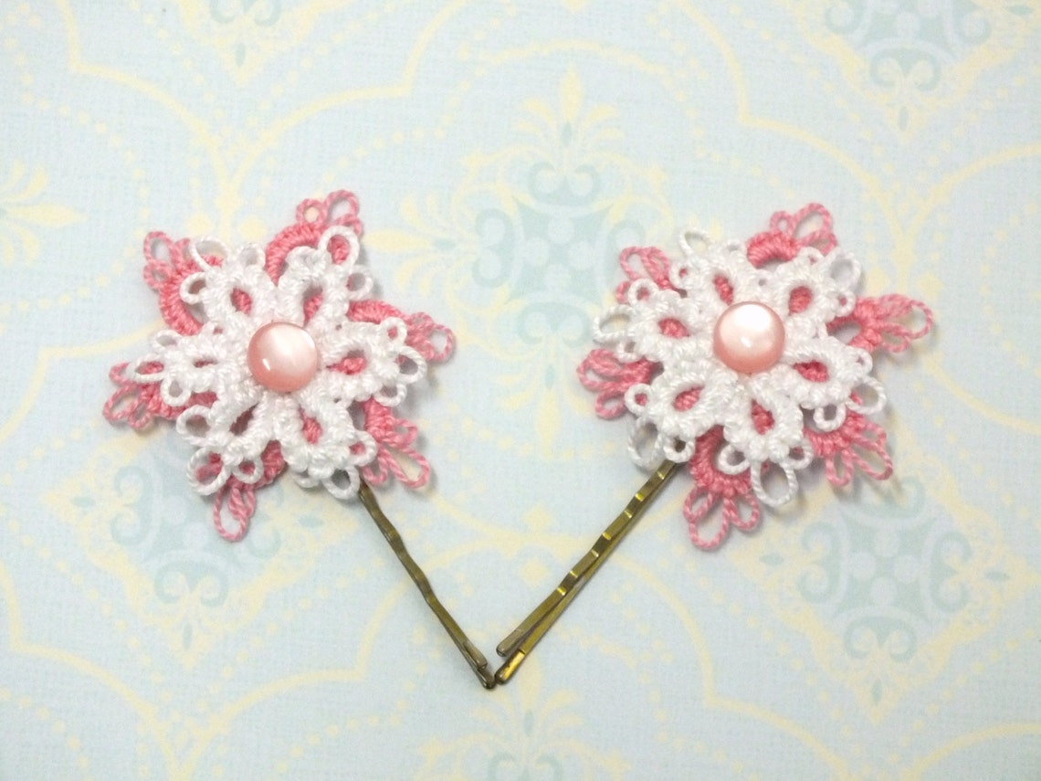 2 Horquillas de Pelo con Flores Frivolité Rosa y Blanco Etsy
