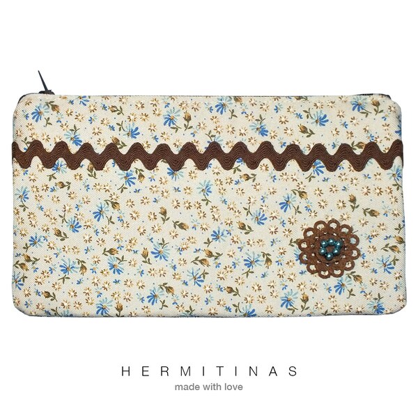 Fabric purse with felt apliqque and pearls, Vintage fabric purse, Floral beige print purse, Brown rik rack bag, Beige fabric flower printed 