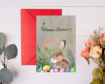 Digital greeting, Easter card, Easter card, Bunny card with Easter eggs, last minute card, PDF card.