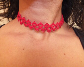 Red Tatted Lace Necklace, Red Tatted Lace Choker, Red Tatting Necklace, Red Tatting Lace Necklace, Gothic Red Tatting Lace Chocker, Red Chok