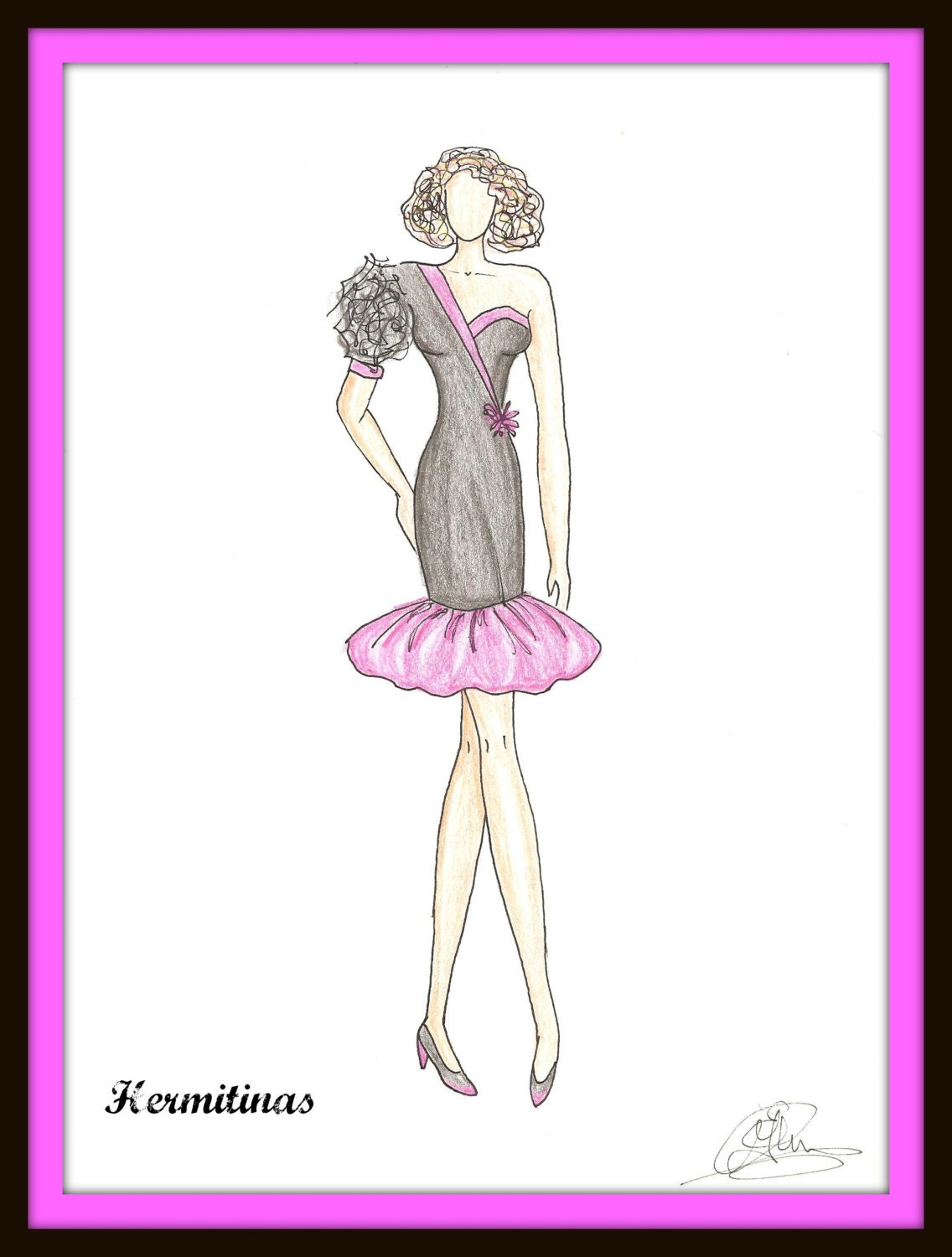 Fashion Illustration, Black-magenta Dress Digital Print, Fashion Art ...