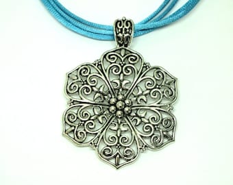 Flower Necklace Turquoise Silk Necklace Filigree Flower Pendant Satin Cord Necklace Boho Necklace Silk Color Necklace Blue Statement Necklac