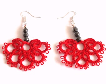 Red Tatted Earrings with Hematite Beads, Half Flower Tatted Lace Earrings, Red Flower Tatting Earrings, Lace Earrings with Hematite Pearls