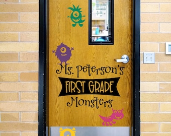 Personalized teacher name, grade and colors, monster theme, school door, grade level class, classroom theme, bright pastel, school classroom