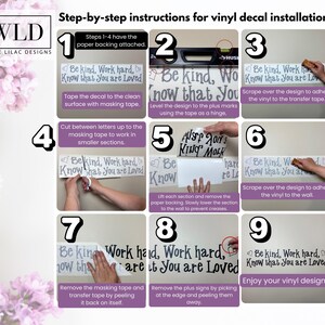 The image is a step-by-step guide for installing a vinyl decal, providing instructions on how to attach the decal to a surface using masking tape and how to remove the decal after installation.
