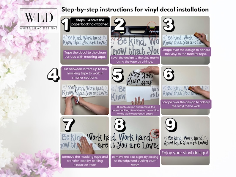 The image is a step-by-step guide for installing a vinyl decal, providing instructions on how to attach the decal to a surface using masking tape and how to remove the decal after installation.