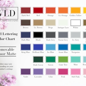 The image is a color chart for vinyl lettering, displaying various colors and their corresponding names.