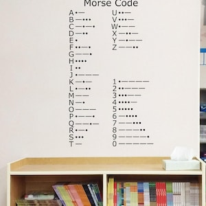 May include: A black and white Morse Code chart is displayed on a white wall, showing letters and numbers with their dot-dash equivalents. The text "Morse Code" is at the top. A wooden shelf below holds books and a tissue box.