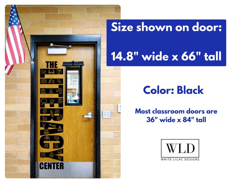 a door with a large American flag hanging on it, indicating that the door is part of a classroom or school setting.