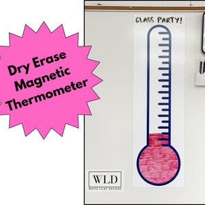 May include: A pink starburst graphic with the words "Dry Erase Magnetic Thermometer." A large thermometer graphic with blue outline and red fill is displayed on a white background. The text "CLASS PARTY!" is above the thermometer.