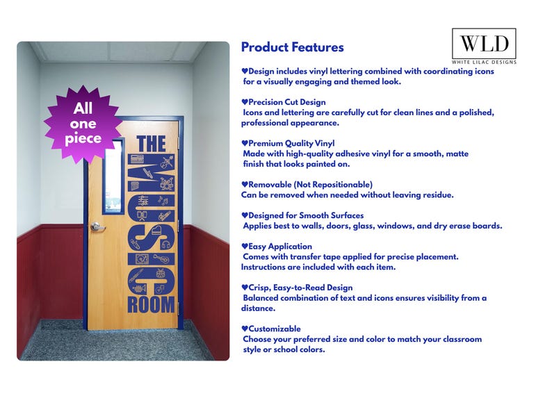 a door with a logo on it, and there is a list of product features next to the door.