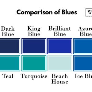 The image is a comparison of different shades of blue, with each shade labeled and arranged in a grid format.