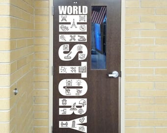 World History Classroom Door Vinyl Decal with Global Icons | Large Teacher Door Sign | Social Studies Decor | History Teacher Door Decor