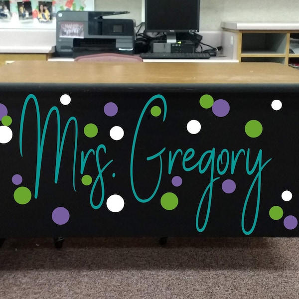 Teacher name, teacher desk decal, classroom decor, vinyl wall decal, classroom wall decal, growth mindset, teacher decal, polka dots, gold