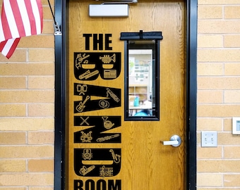 The Band Room, teacher decal, school classroom, vinyl wall decal, classroom wall decal, teacher door, musical instrument, tuba flute trumpet