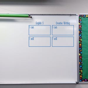 May include: A white classroom whiteboard featuring two columns labeled English 3 and Creative Writing. Each column contains two rectangular boxes with the text I can and I will printed in blue. A green border with colorful stars is on the right.