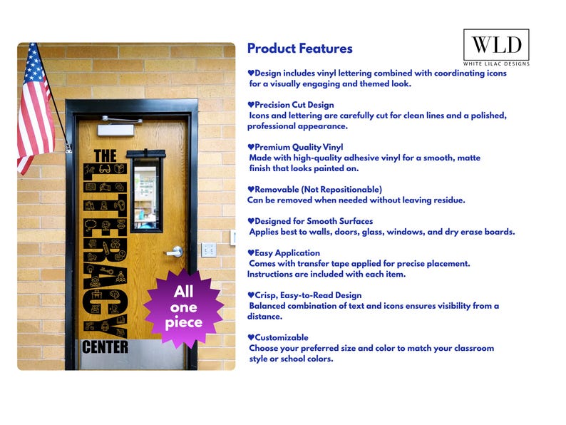 a door with an American flag hanging above it, and there is a list of product features below the door.