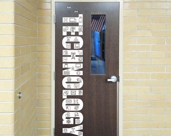 May include: A dark brown door featuring a large white vertical decal that spells the word TECHNOLOGY. The letters are filled with various small black line-art icons representing computers, robots, network symbols, and digital hardware components.