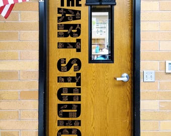 Art Studio Door Vinyl Decal with Multiple Art Icons | Large Teacher Door Sign | Colorful Creative Classroom Decor | Art Department Door