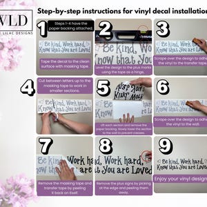 The image is a step-by-step guide for installing a vinyl decal, providing instructions on how to attach the decal to a surface using masking tape and how to remove the decal after installation.