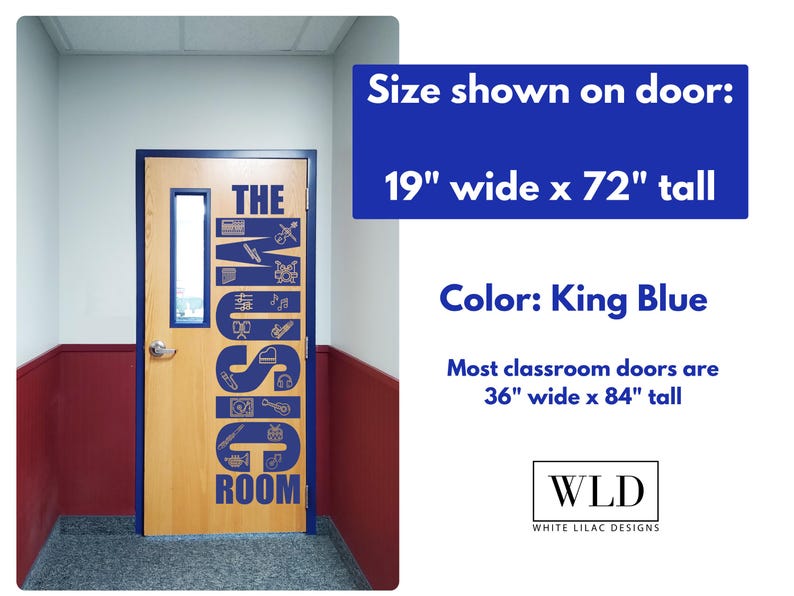 a door with a large text design on it, indicating the door is for a classroom or a room with a King Blue color.