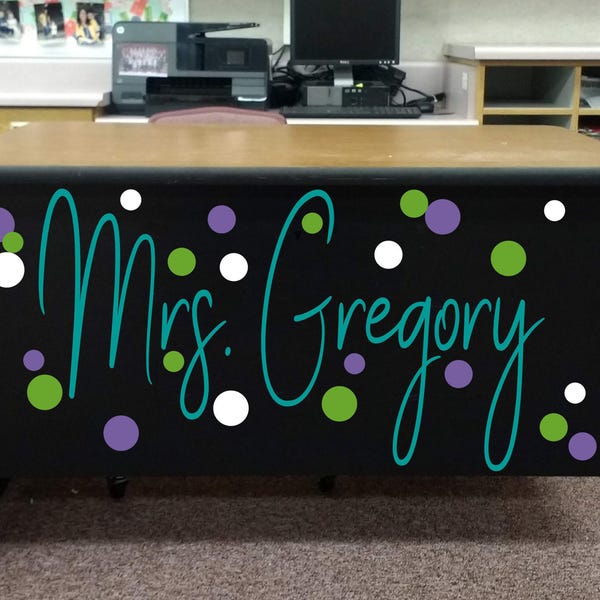 Teacher name, teacher desk decal, classroom decor, vinyl wall decal, classroom wall decal, growth mindset, teacher decal, polka dots, gold