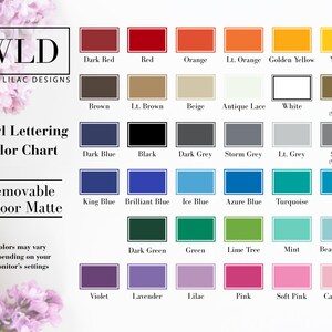 The image is a color chart for vinyl lettering, displaying various colors and their corresponding names.